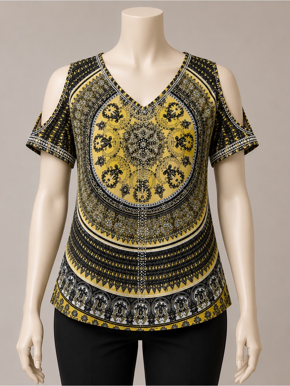 INC International Concepts Yellow and Black Cold-Shoulder V-Neck Medallion Top